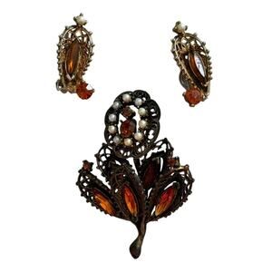 HOBE Vintage Gold Topaz Flower Brooch Set Clip Earring Rhinestones Faux Pearl